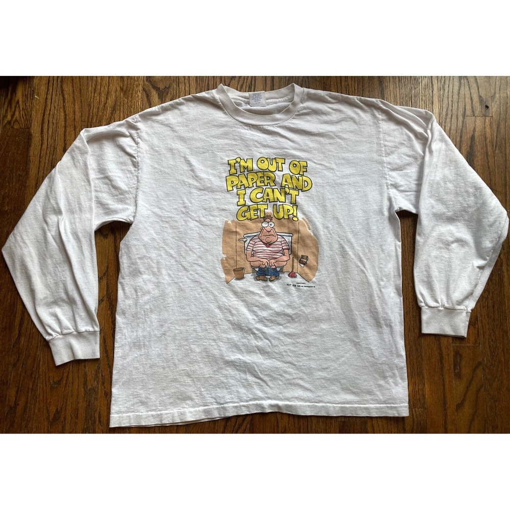 VTG 90s Funny Cartoon Shirt Mens XL Long Sleeve Toilet Paper Bathroom Cummings